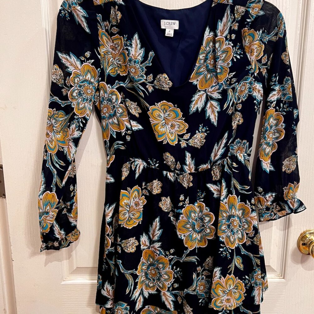 J Crew Mini Navy Blue Floral Dress 3/4 Sleeve Size 2 - Picture 1 of 8